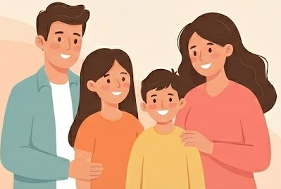 Happy family in front of their home